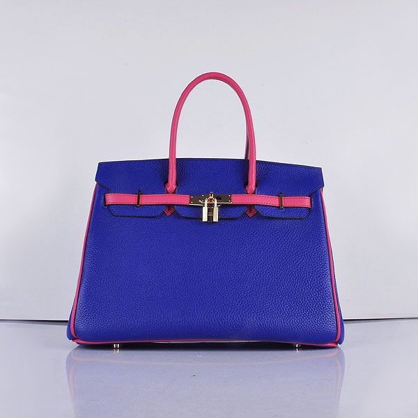 Hermes 6089 Birkin 35CM Tote Bags Navy Blue and Pink Leather Gol